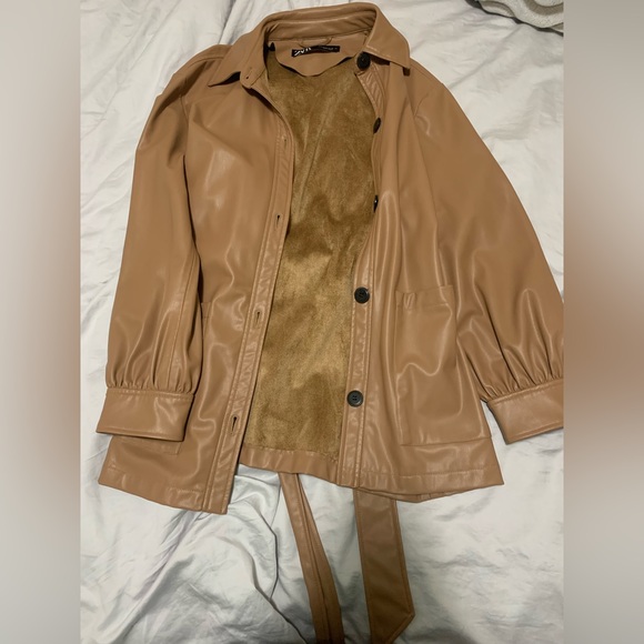 ZARA FAUX LEATHER OVERSHIRT IN TAUPE BROWN - Picture 2 of 3